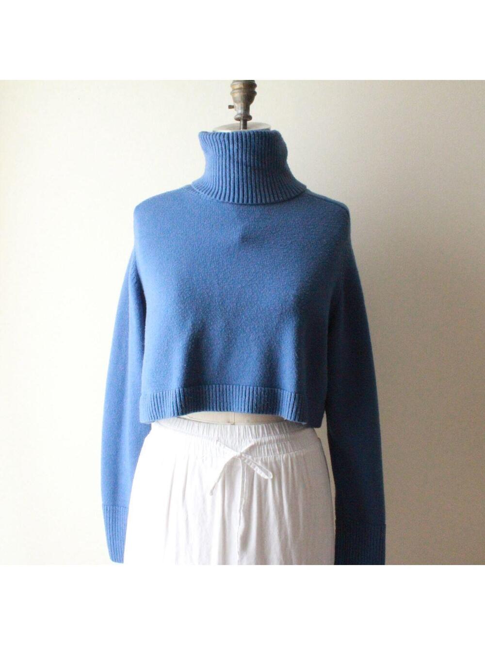 ZARA Blue Ribbed Knit Turtleneck Cropped Sweater, Size S, Minimalist Style